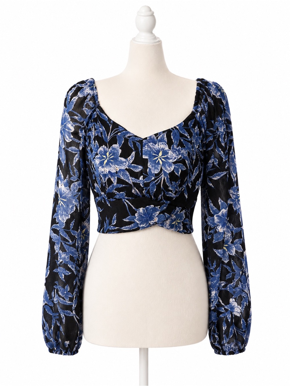 Japna NWT Floral Boho Crop Top Women’s Medium Blue Black Long Sleeve Tropical